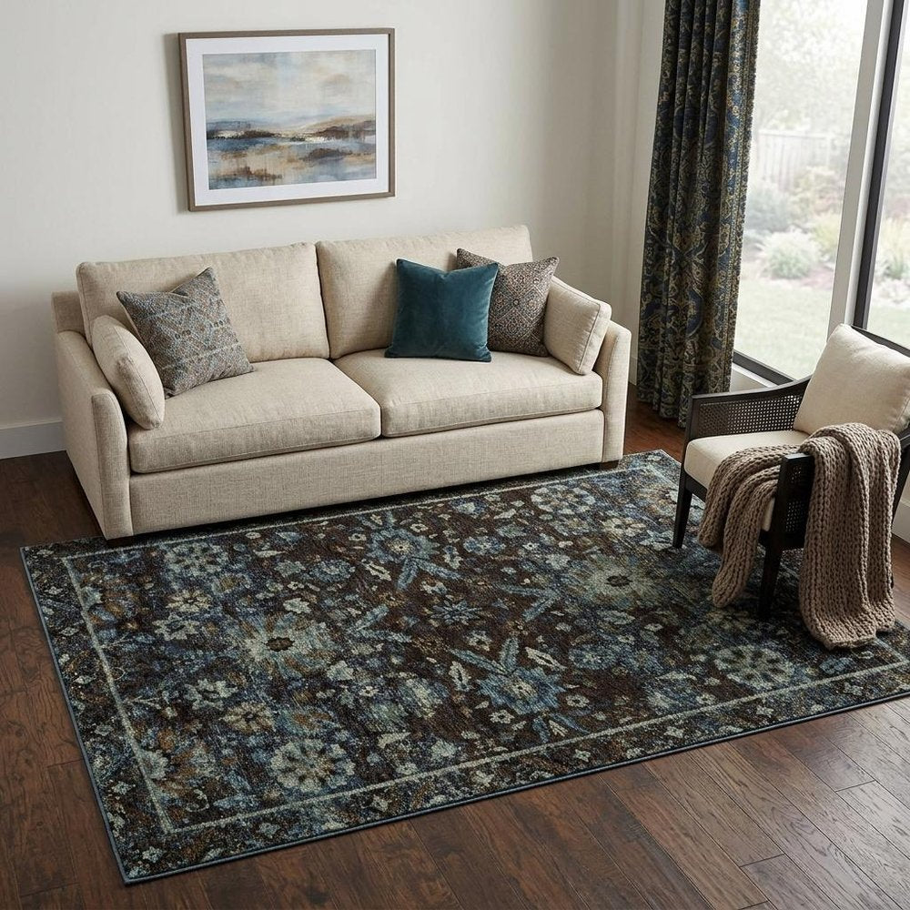 5' X 7' Navy Blue And Blue Oriental Area Rug