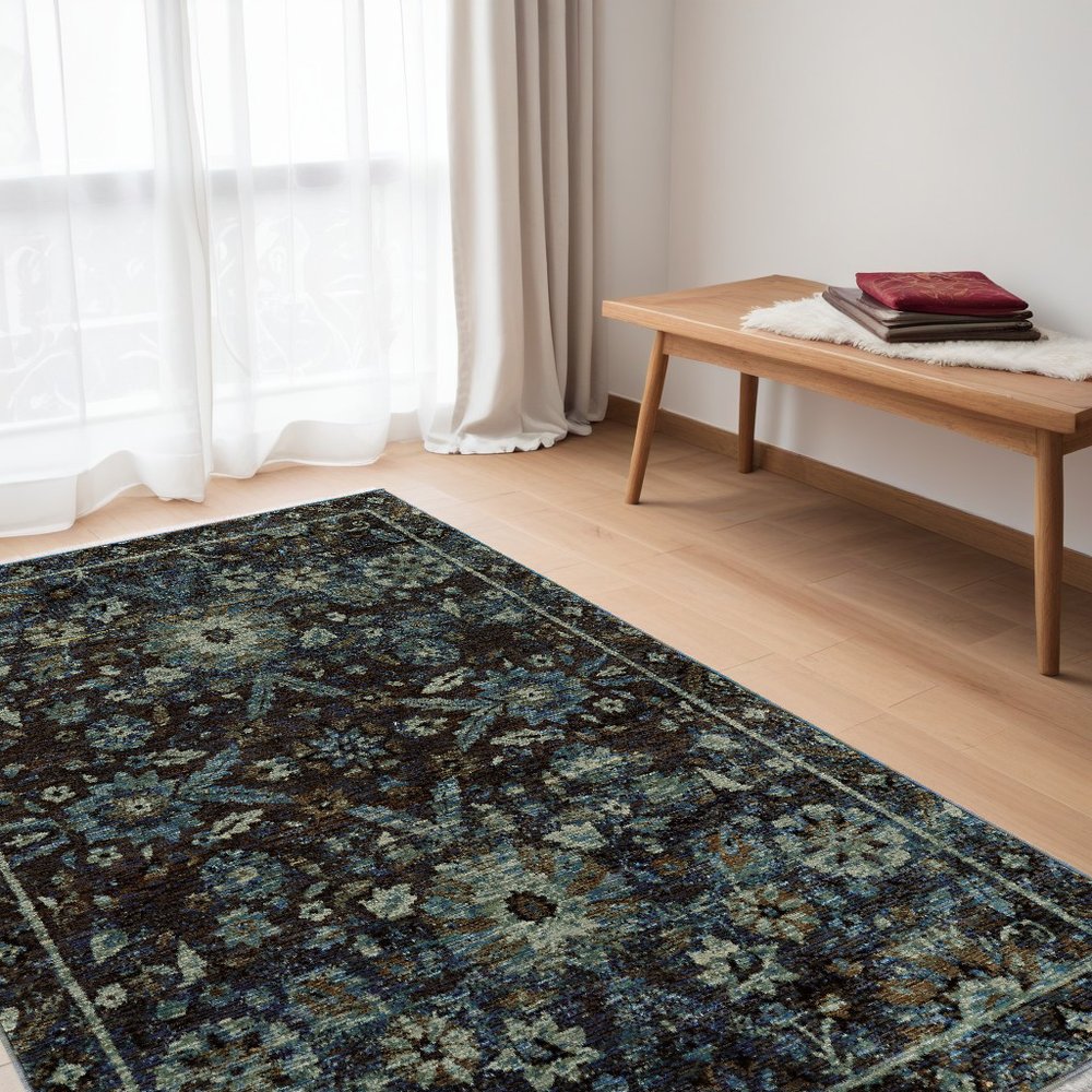 5' X 7' Navy Blue And Blue Oriental Area Rug