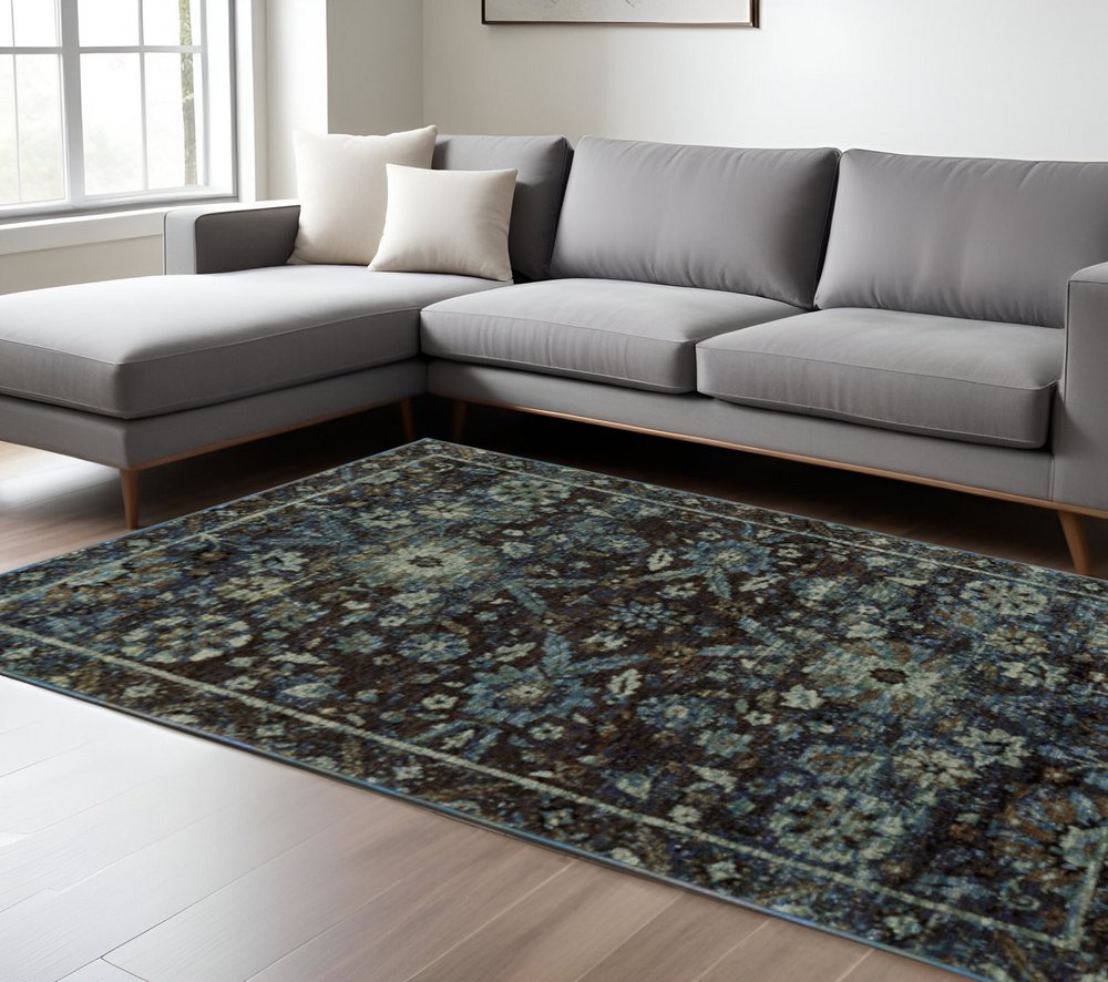 7' X 10' Navy Blue Oriental Power Loom Area Rug