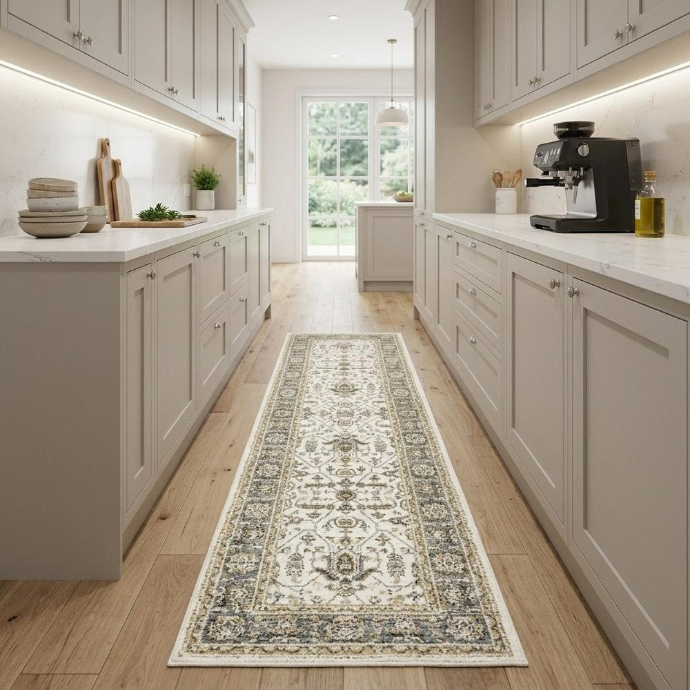8' Ivory And Blue Oriental Runner Rug