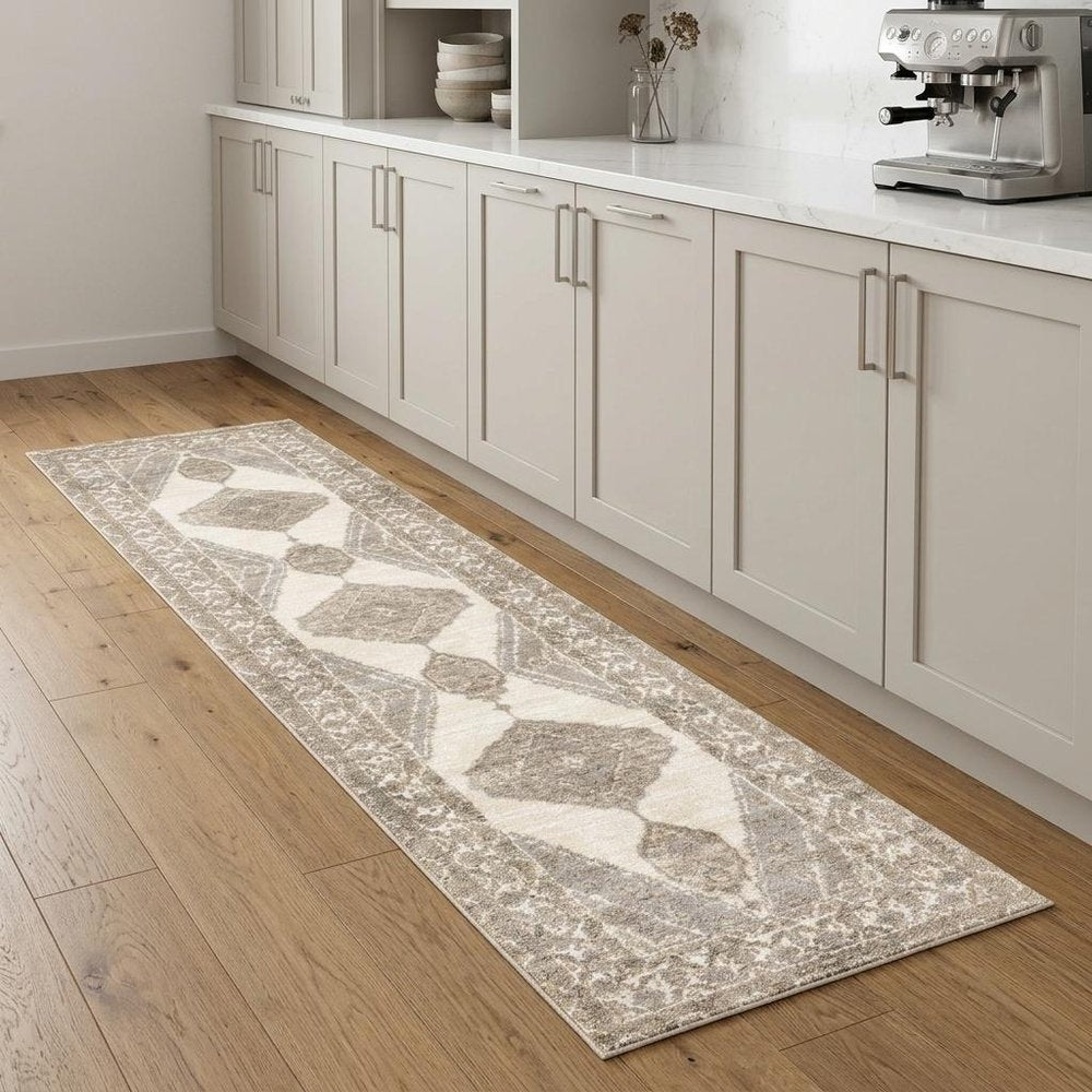 8' Beige And Ivory Oriental Runner Rug