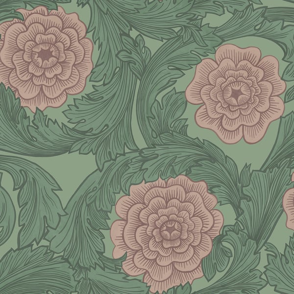 Green botanical pattern with pink peony-like blooms and swirling leaves; vintage damask wallpaper motif.