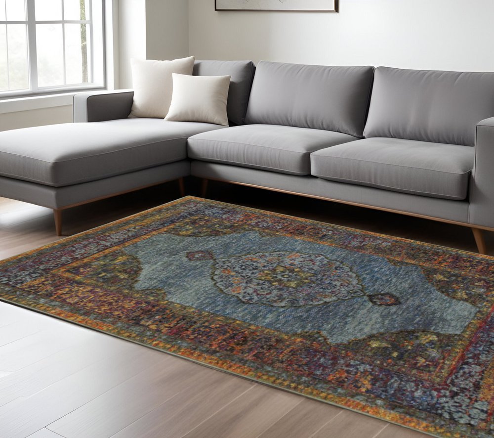 7' X 10' Blue and Beige Oriental Power Loom Area Rug