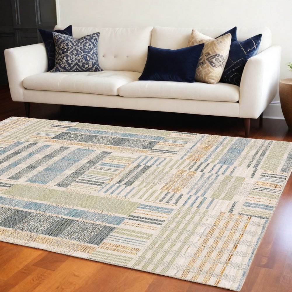 9' X 12' Blue And Green Geometric Area Rug