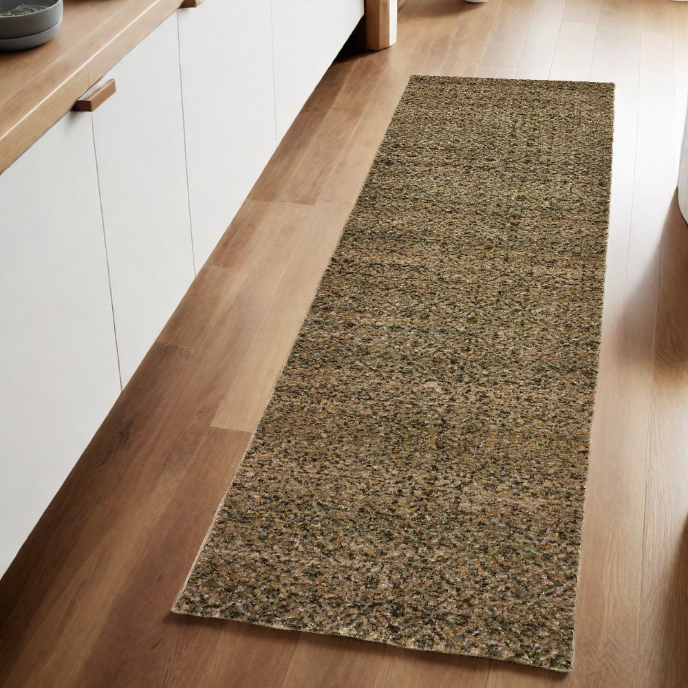 8' Green And Gold Geometric Distressed Runner Rug