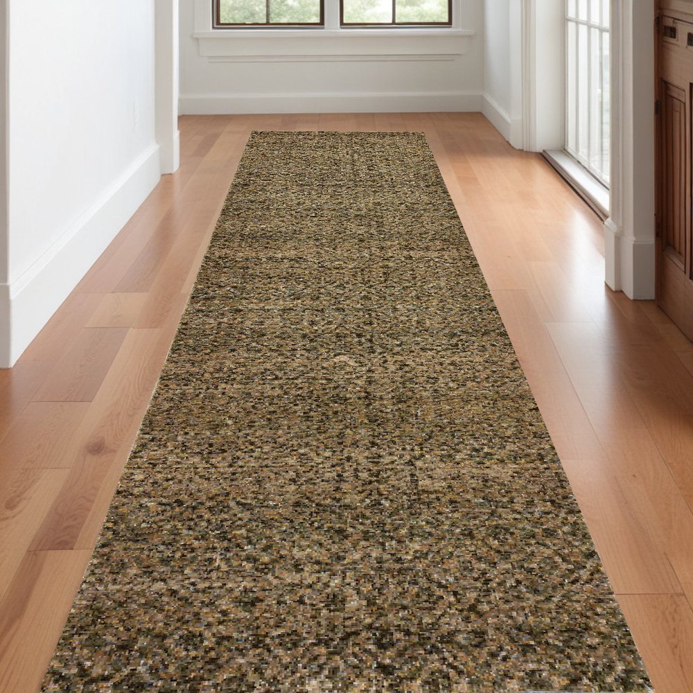 12' Green And Gold Geometric Distressed Runner Rug