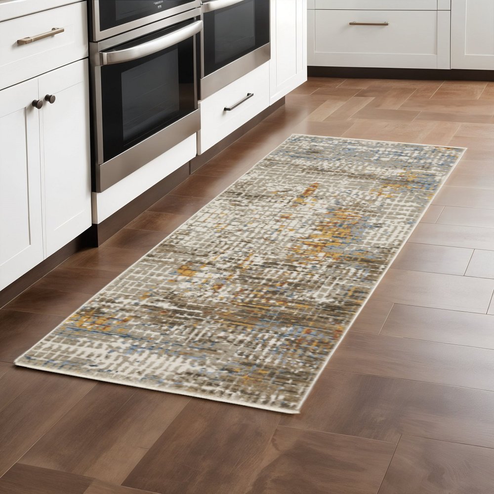 8' Beige Grey Brown Gold Red And Blue Abstract Power Loom Runner Rug With Fringe