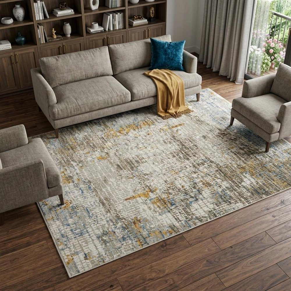 8' X 11' Beige Grey Brown Gold Red And Blue Abstract Power Loom Stain Resistant Area Rug With Fringe