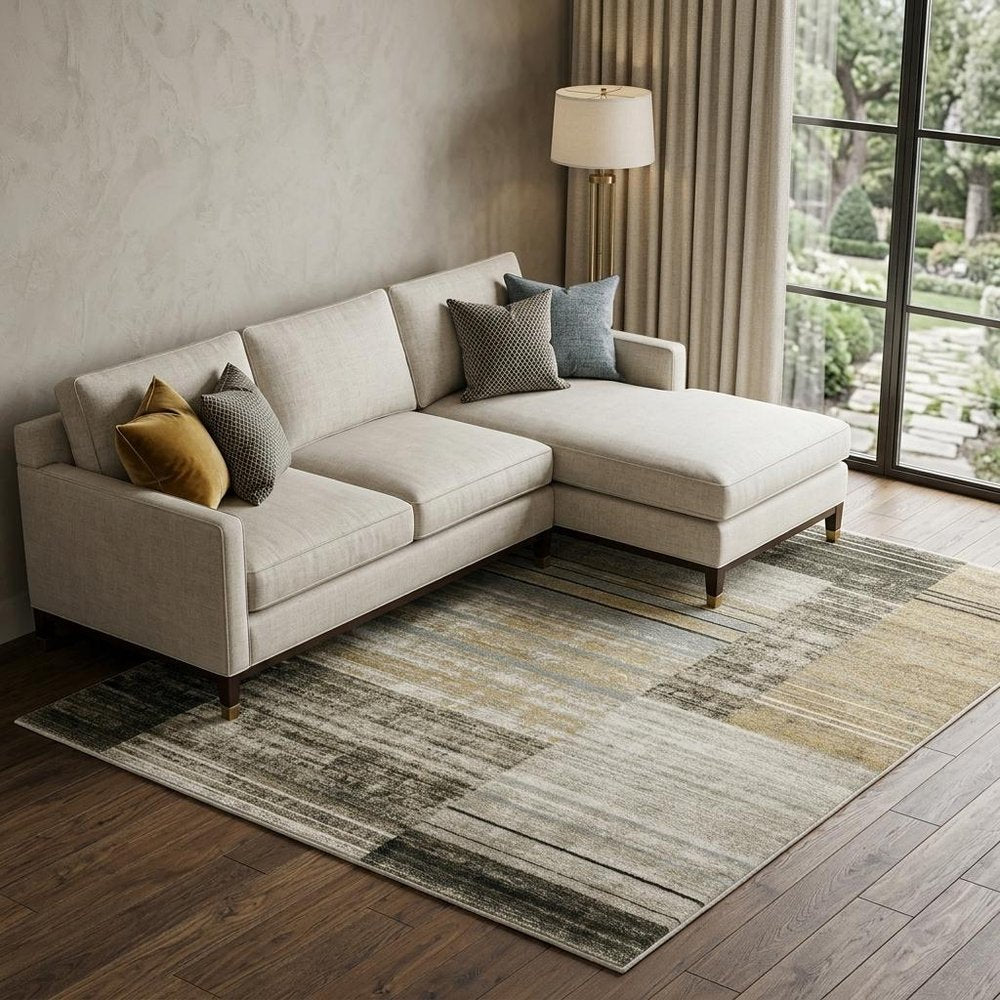 6' X 9' Beige Charcoal Brown Grey Tan Gold And Blue Geometric Power Loom Stain Resistant Area Rug With Fringe