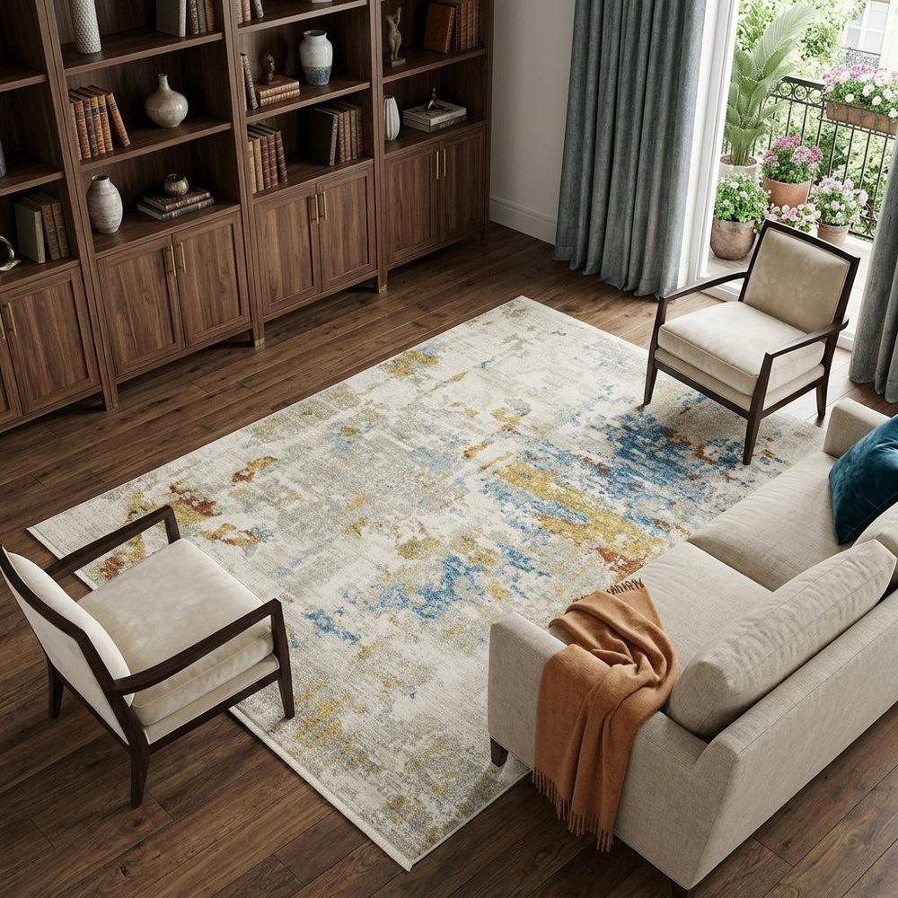 10' X 13' Blue and Beige Abstract Power Loom Area Rug With Fringe