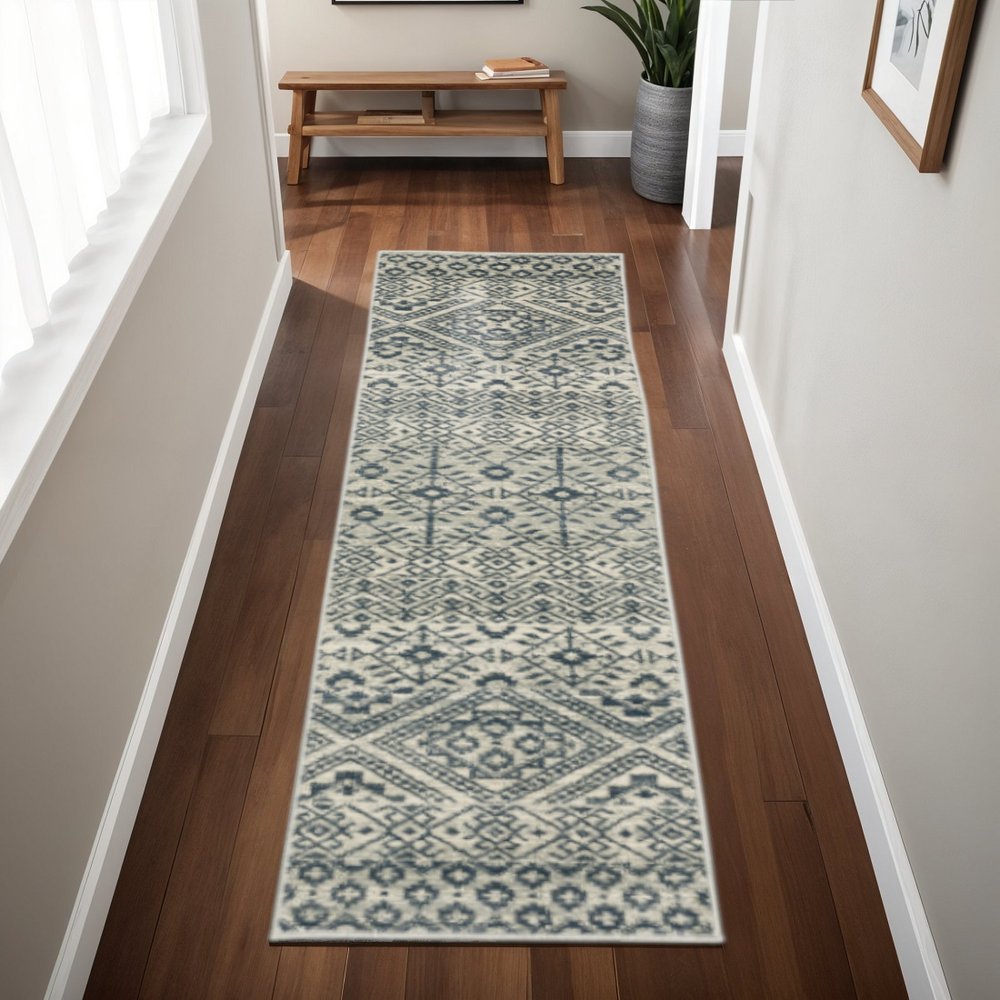 2' X 8' Blue And Beige Geometric Power Loom Stain Resistant Runner Rug