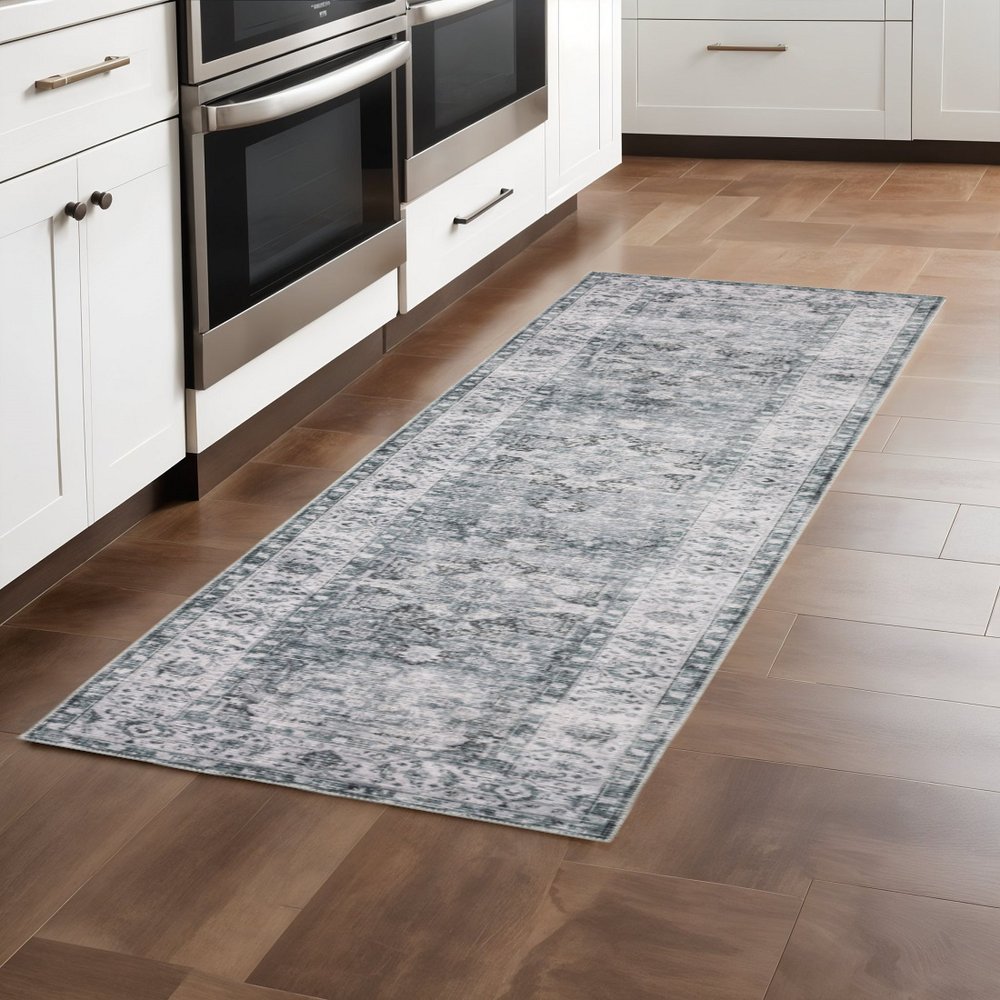 8' Gray And Ivory Oriental Printed Non Skid Runner Rug