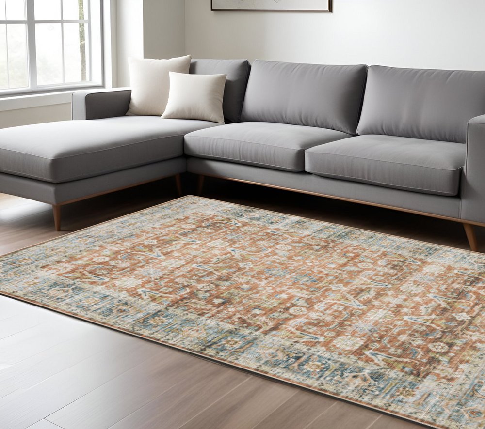 7' X 10' Blue and Ivory Oriental Non Skid Area Rug