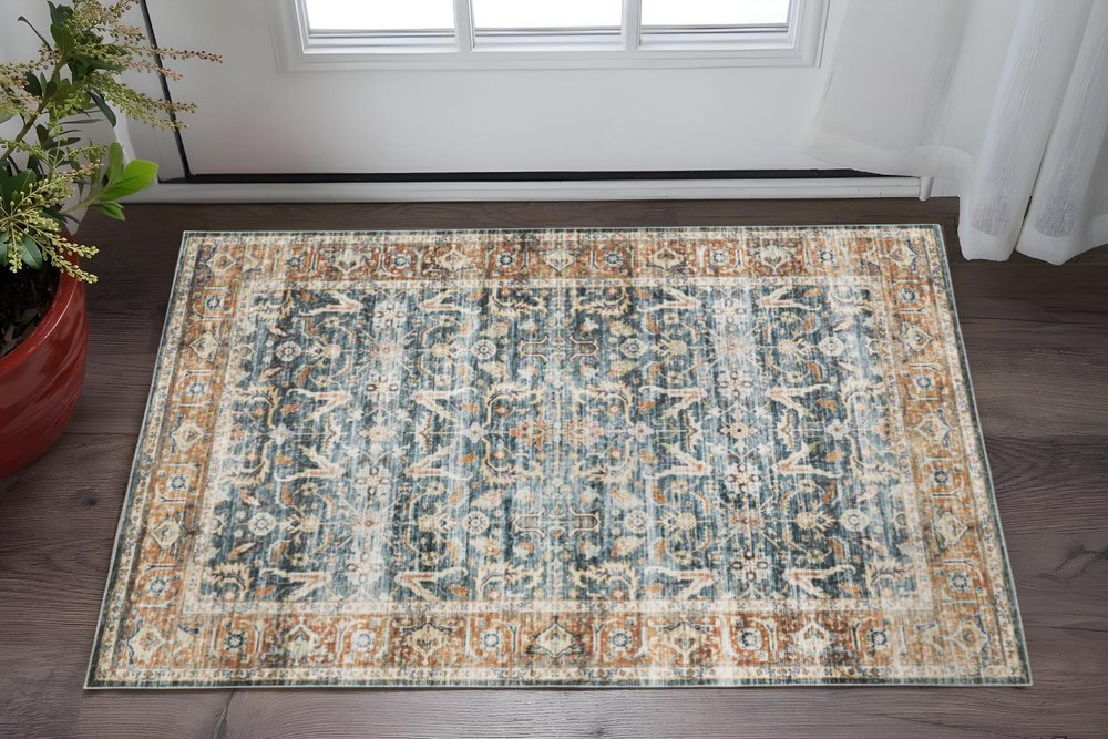 2' X 3' Blue Rust Gold And Olive Oriental Printed Stain Resistant Non Skid Area Rug