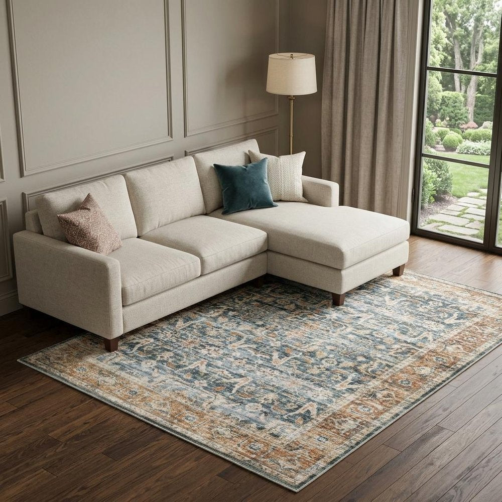 7' X 10' Blue and Beige Oriental Non Skid Area Rug