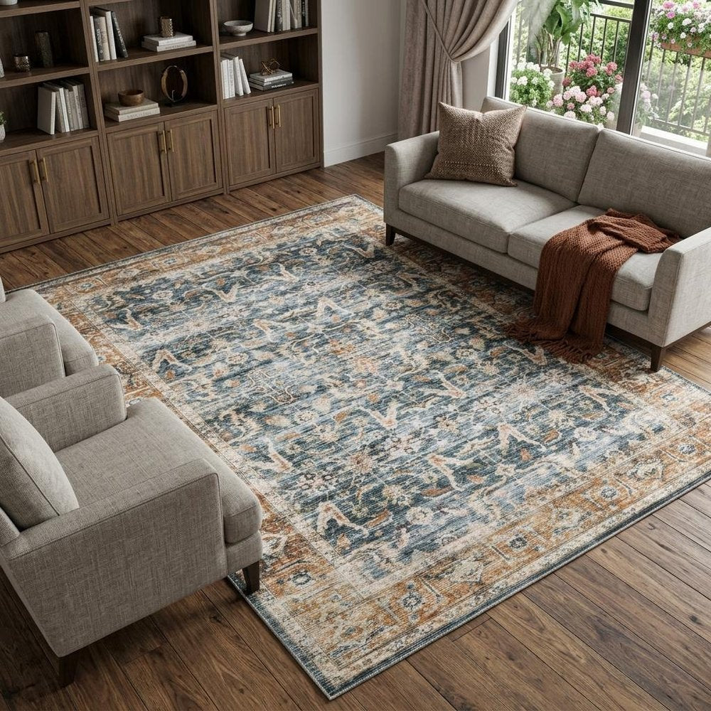 7' X 10' Blue and Beige Oriental Non Skid Area Rug