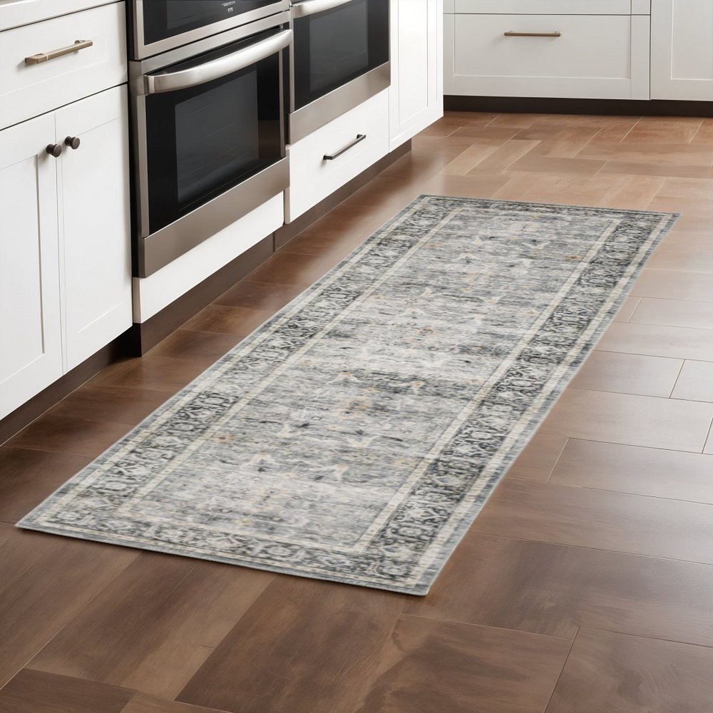 2' X 8' Charcoal Grey Salmon And Ivory Oriental Printed Stain Resistant Non Skid Runner Rug