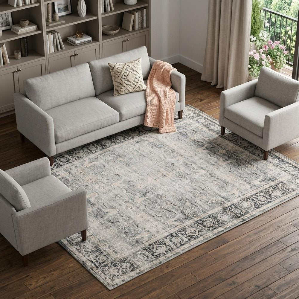 7' X 10' Gray and Ivory Oriental Non Skid Area Rug