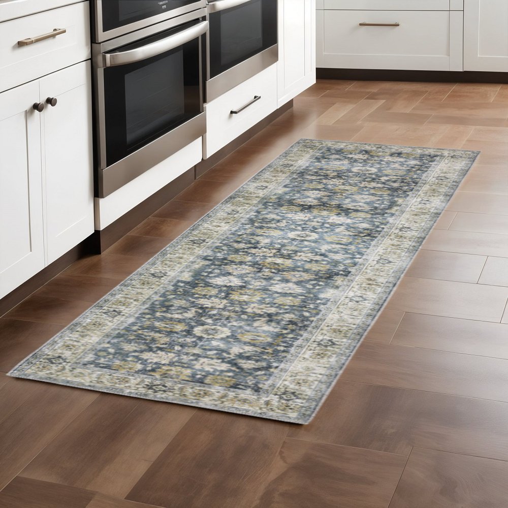 8' Blue And Ivory Oriental Printed Non Skid Runner Rug