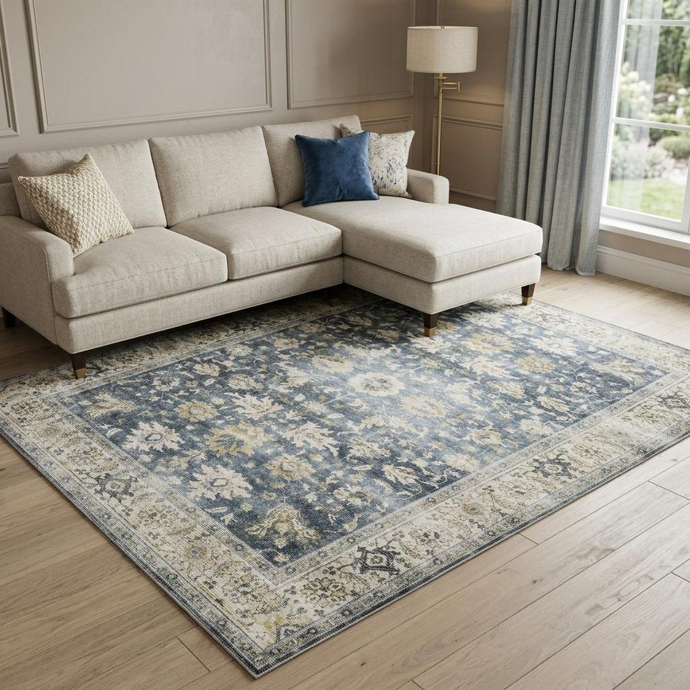 7' X 10' Blue and Ivory Oriental Non Skid Area Rug