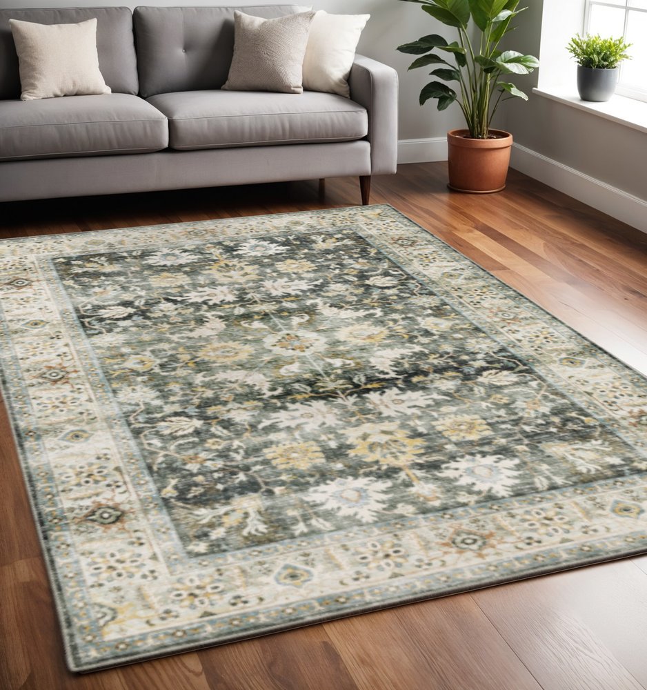5' X 7' Grey Charcoal Gold Brown Ivory Pale Sage And Light Blue Oriental Printed Stain Resistant Non Skid Area Rug