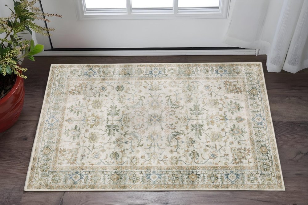 2' X 3' Grey Orange Blue Gold Green And Rust Oriental Printed Stain Resistant Non Skid Area Rug