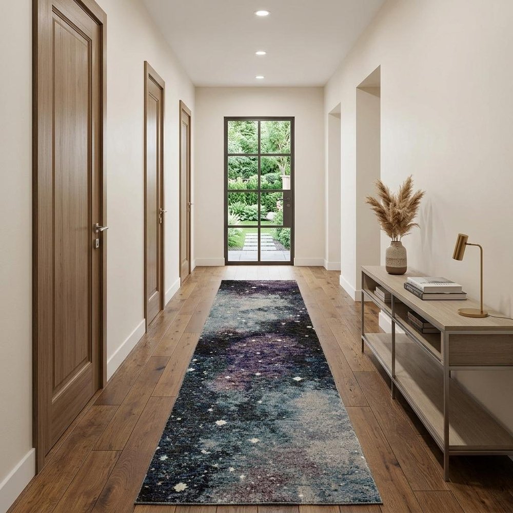 12' Purple Teal And Brown Abstract Runner Rug