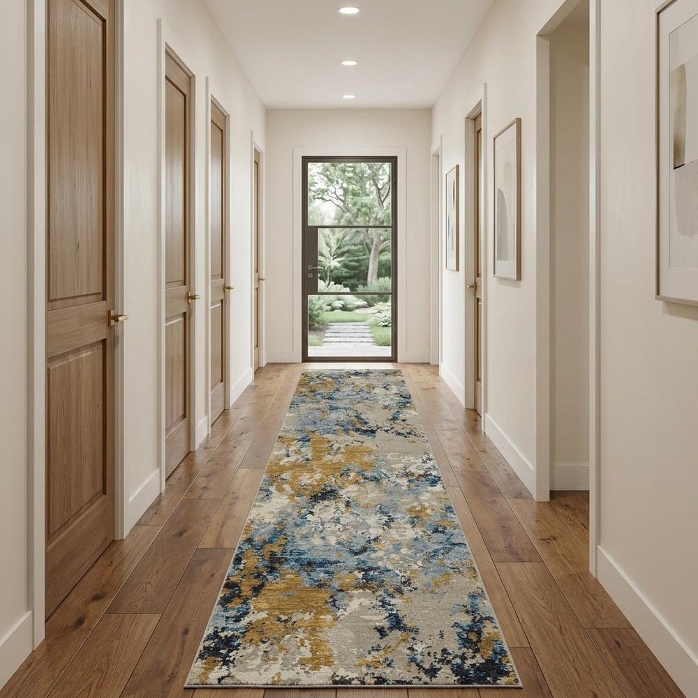 12' Gold Gray And Ivory Abstract Runner Rug