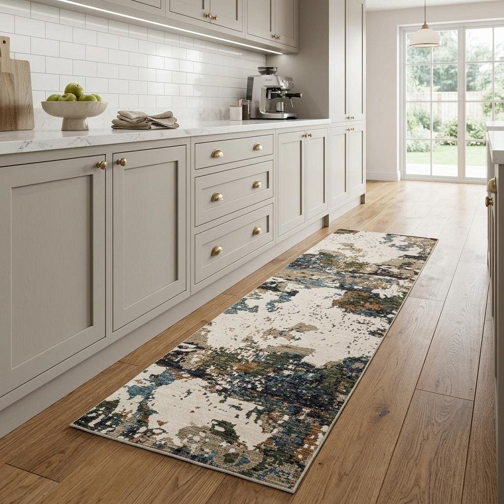 8' Blue And Ivory Abstract Runner Rug