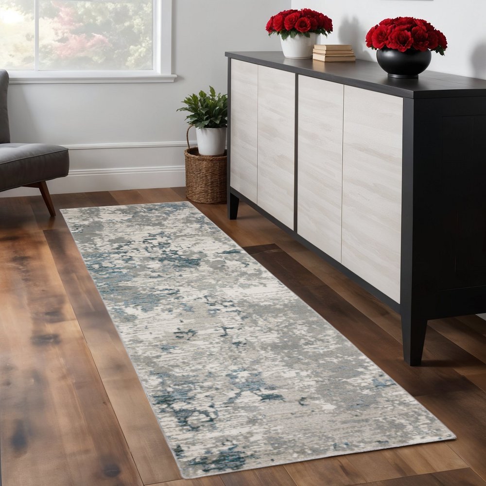 8' Blue And Beige Abstract Runner Rug