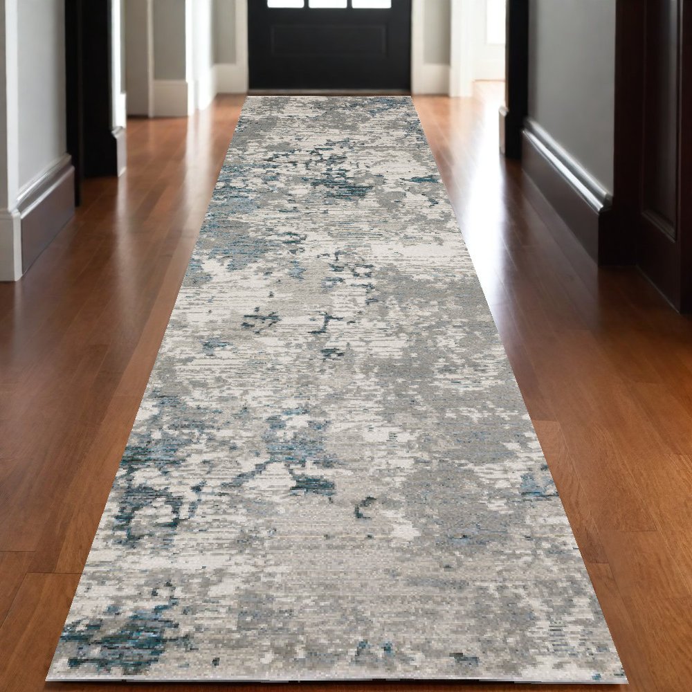 12' Blue Beige And Teal Abstract Runner Rug