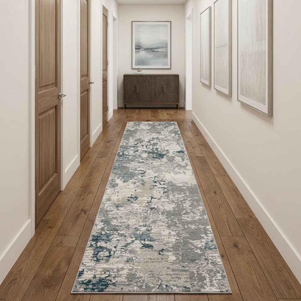 12' Blue Beige And Teal Abstract Runner Rug