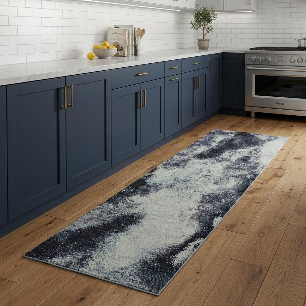 8' Blue And Ivory Abstract Runner Rug