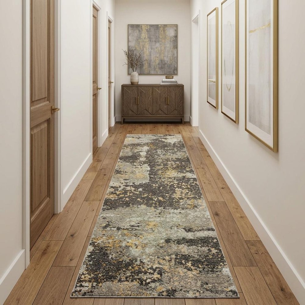12' Gray And Gold Abstract Runner Rug