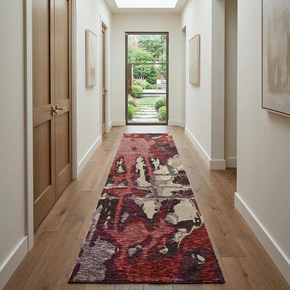 12' Red And Beige Abstract Runner Rug