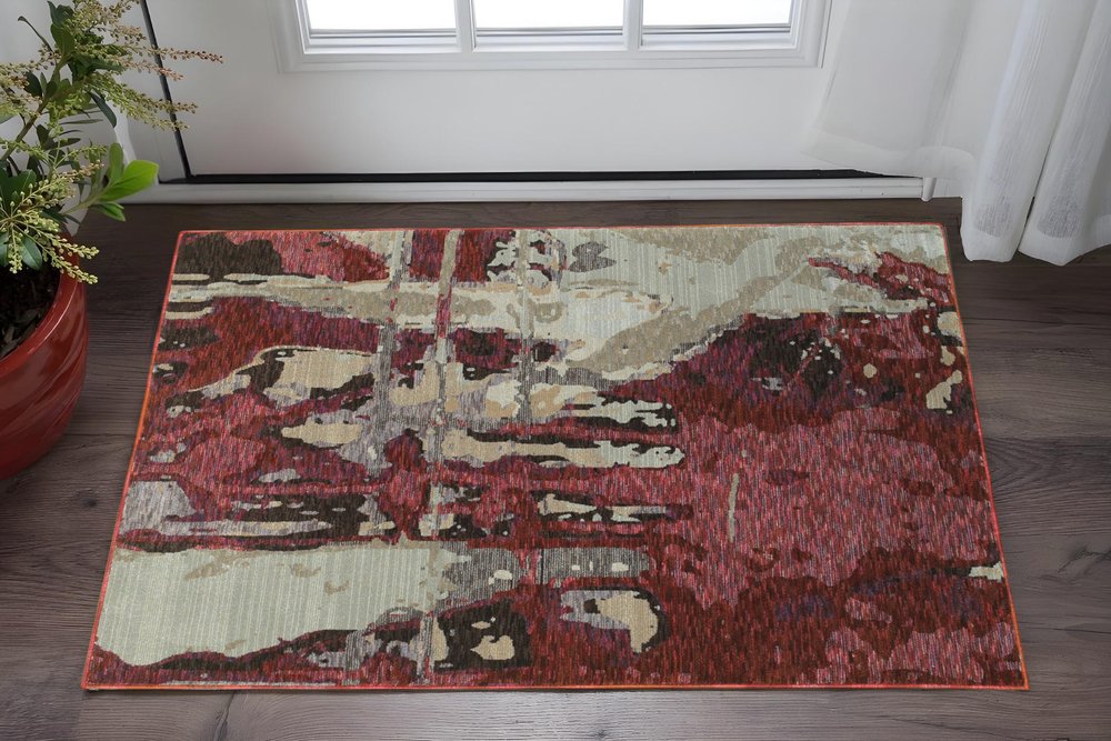 3' X 5' Red and Beige Abstract Power Loom Area Rug