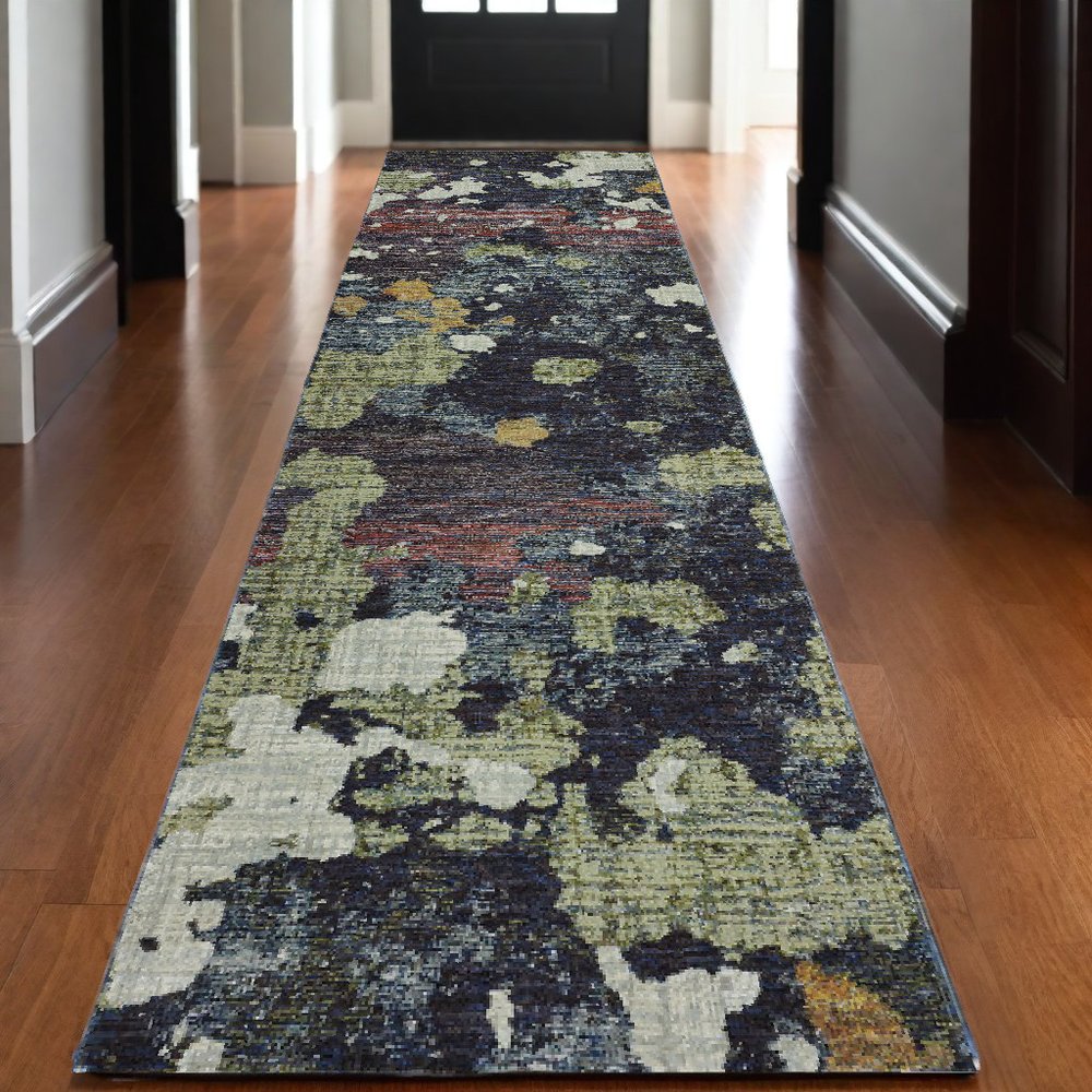 Green abstract runner rug, 12' long.