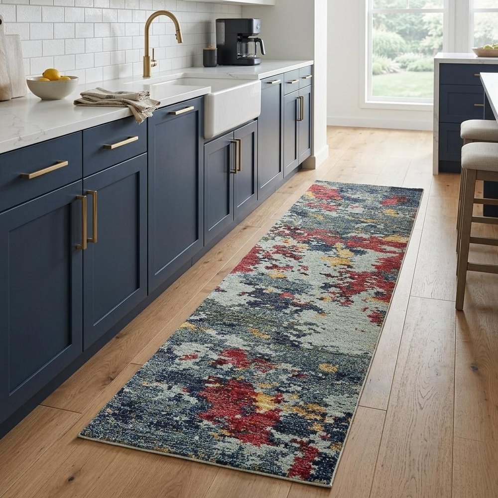 8' Blue Abstract Runner Rug