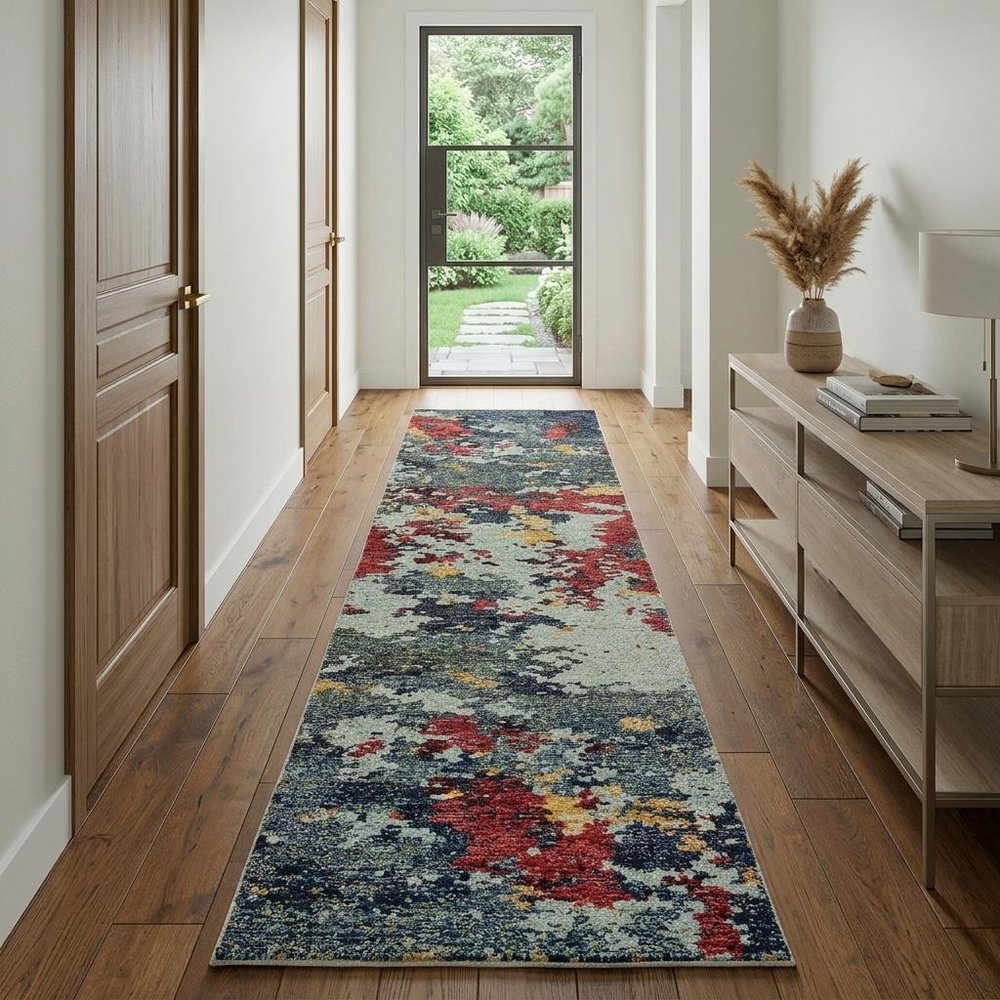 12' Blue And Red Abstract Runner Rug