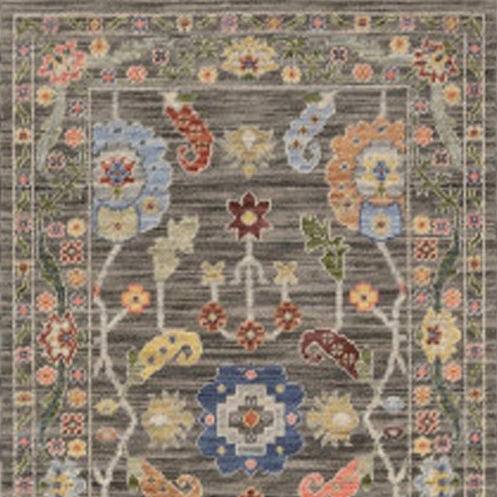 12' Charcoal Genuine Wool Oriental Runner Rug With Fringe