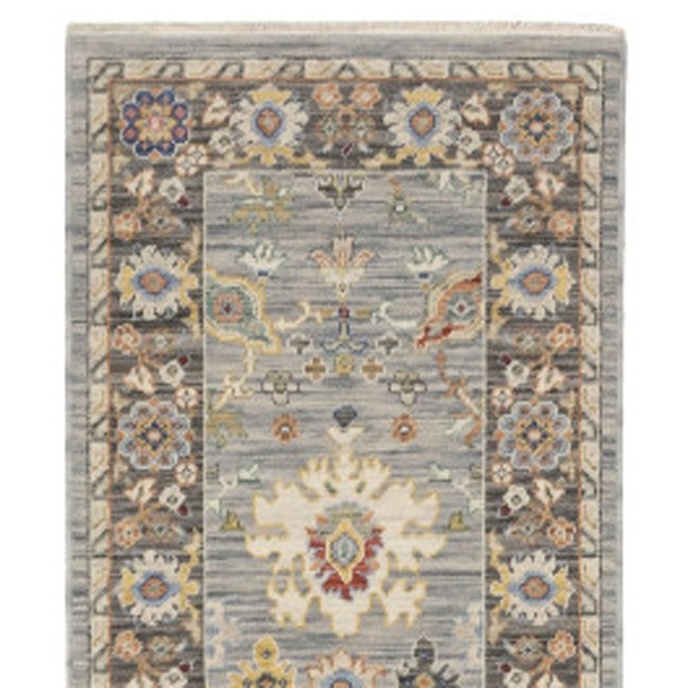 12' Blue And Gray Genuine Wool Oriental Runner Rug With Fringe