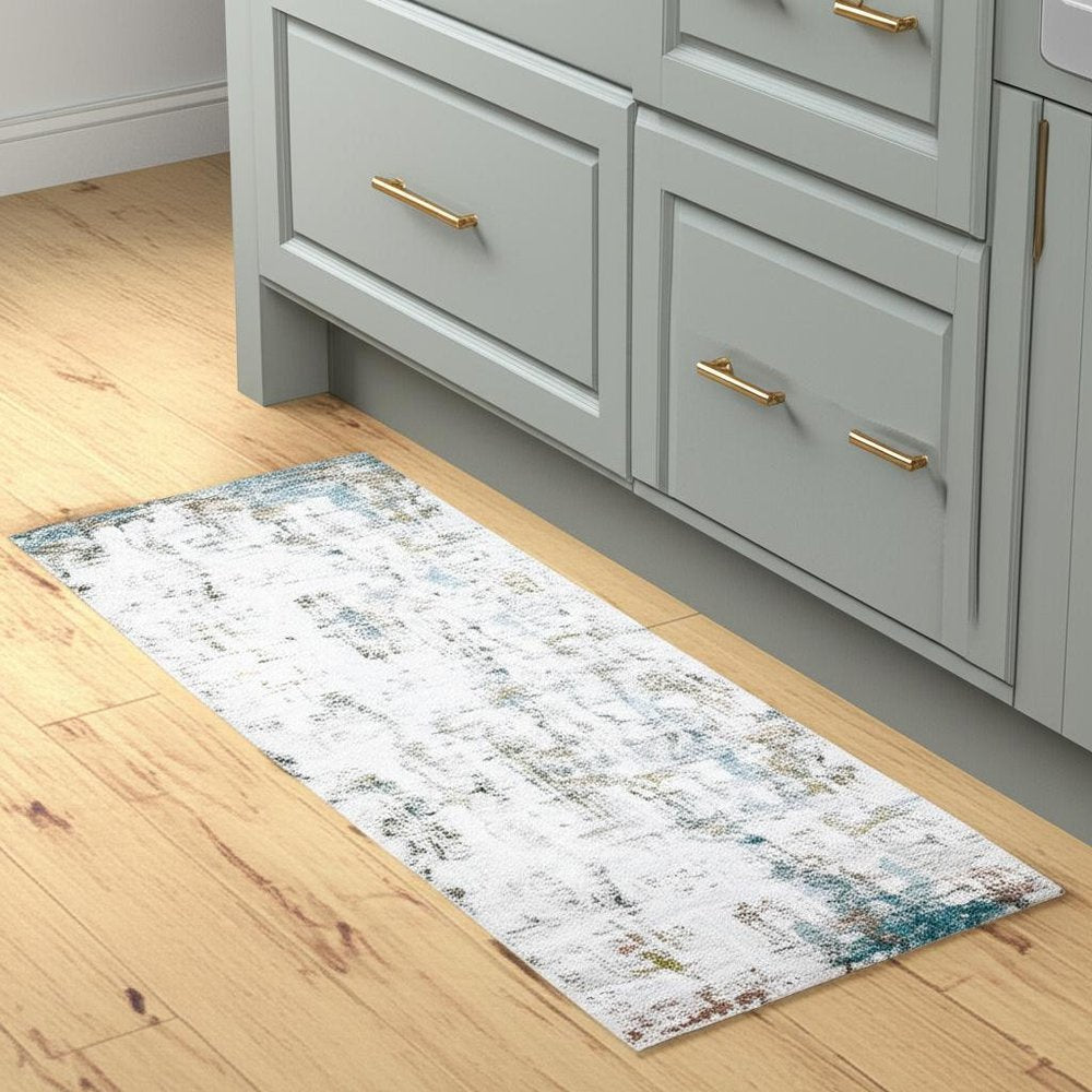 2' X 8' Ivory And Blue Abstract Printed Stain Resistant Non Skid Runner Rug