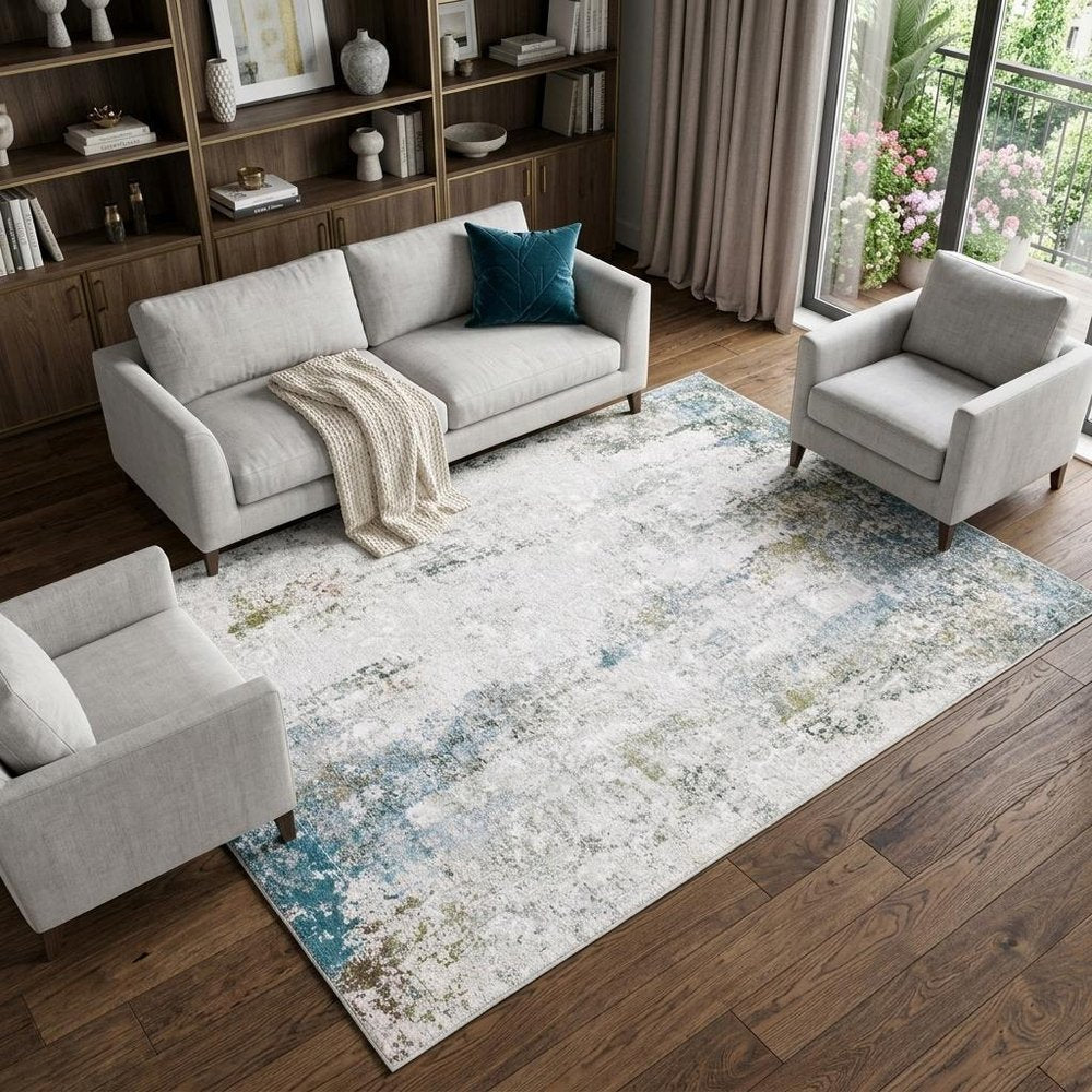 8' X 10' Ivory and Blue Abstract Non Skid Area Rug