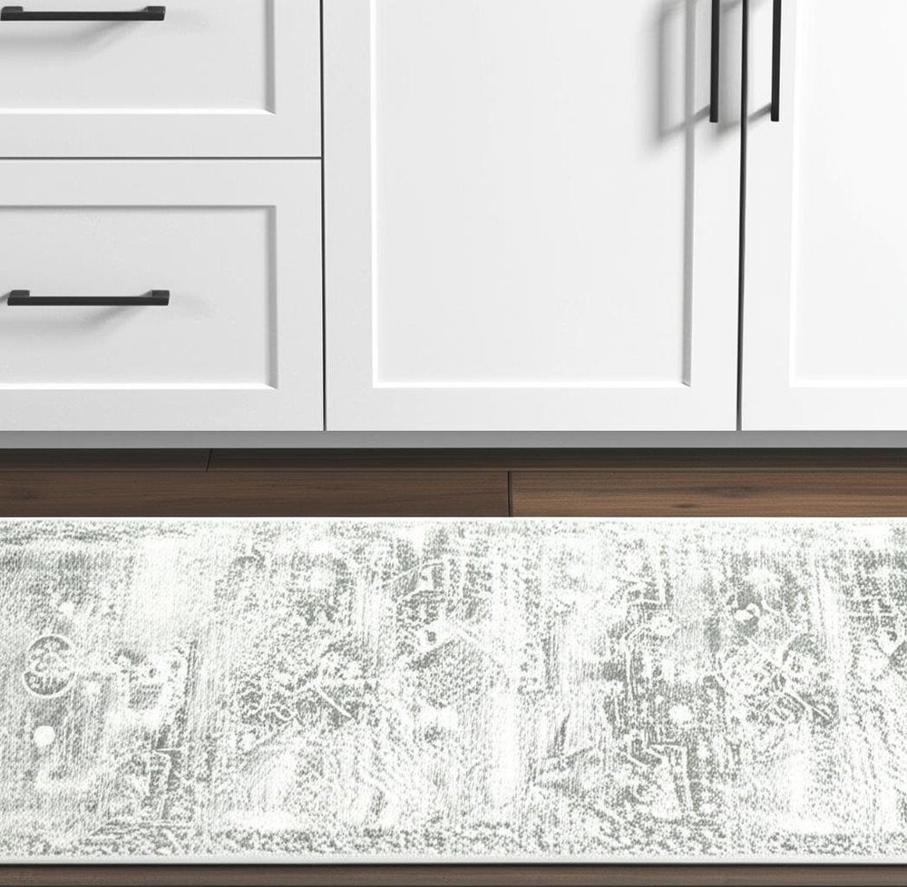 2' X 8' Gray And Ivory Oriental Printed Stain Resistant Non Skid Runner Rug