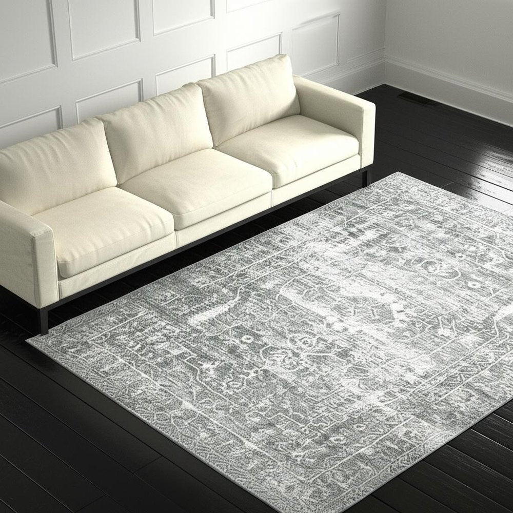 5' X 7' Sage Green Grey Ivory And Silver Oriental Printed Stain Resistant Non Skid Area Rug