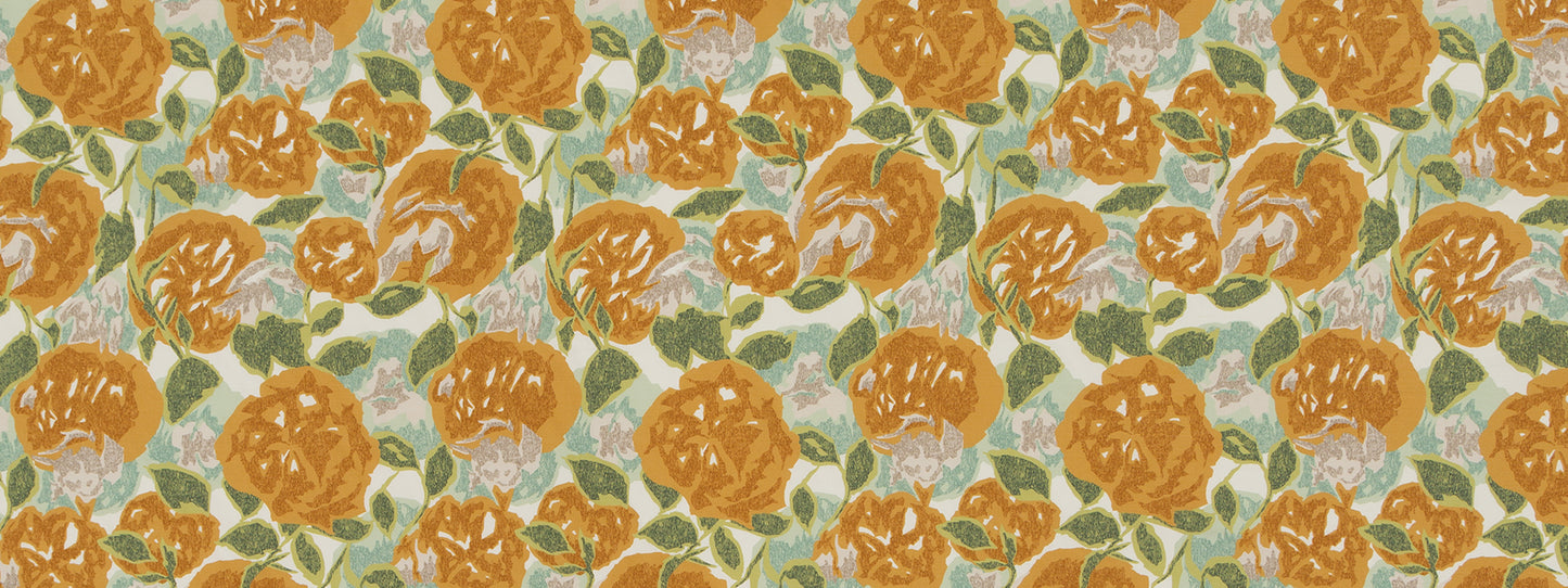 Orange rose floral pattern with green leaves on a light beige background; repeating garden print.