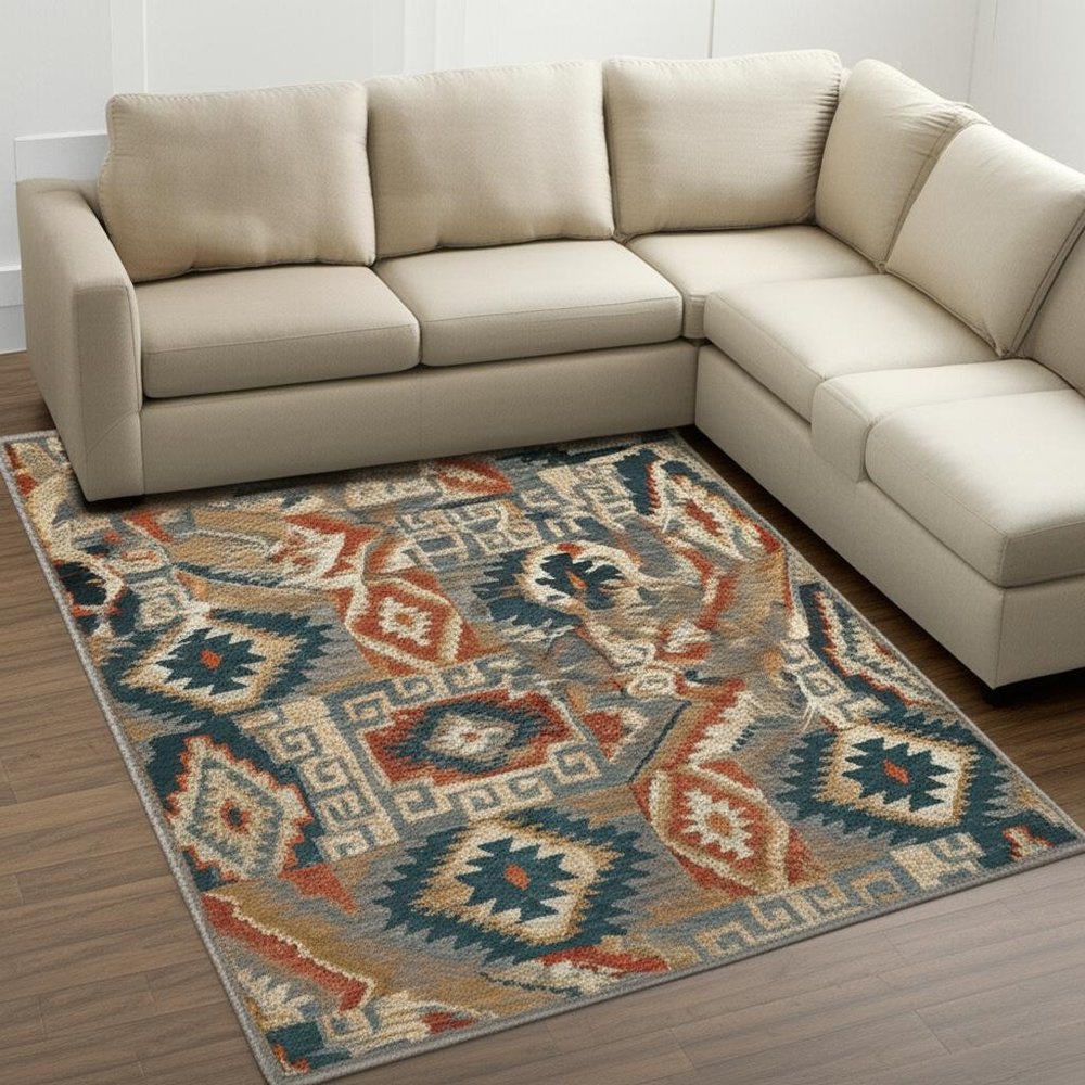10' X 13' Blue Teal Grey Orange Gold Ivory And Rust Geometric Power Loom Stain Resistant Area Rug
