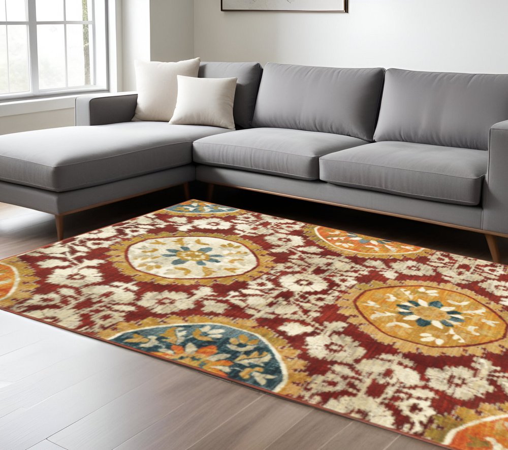 10' X 13' Red Gold Teal Grey Ivory And Blue Oriental Power Loom Stain Resistant Area Rug