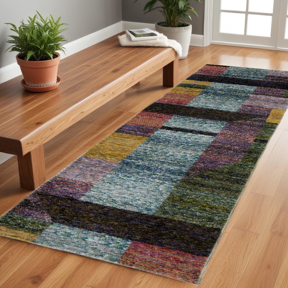 8' Purple And Red Geometric Runner Rug