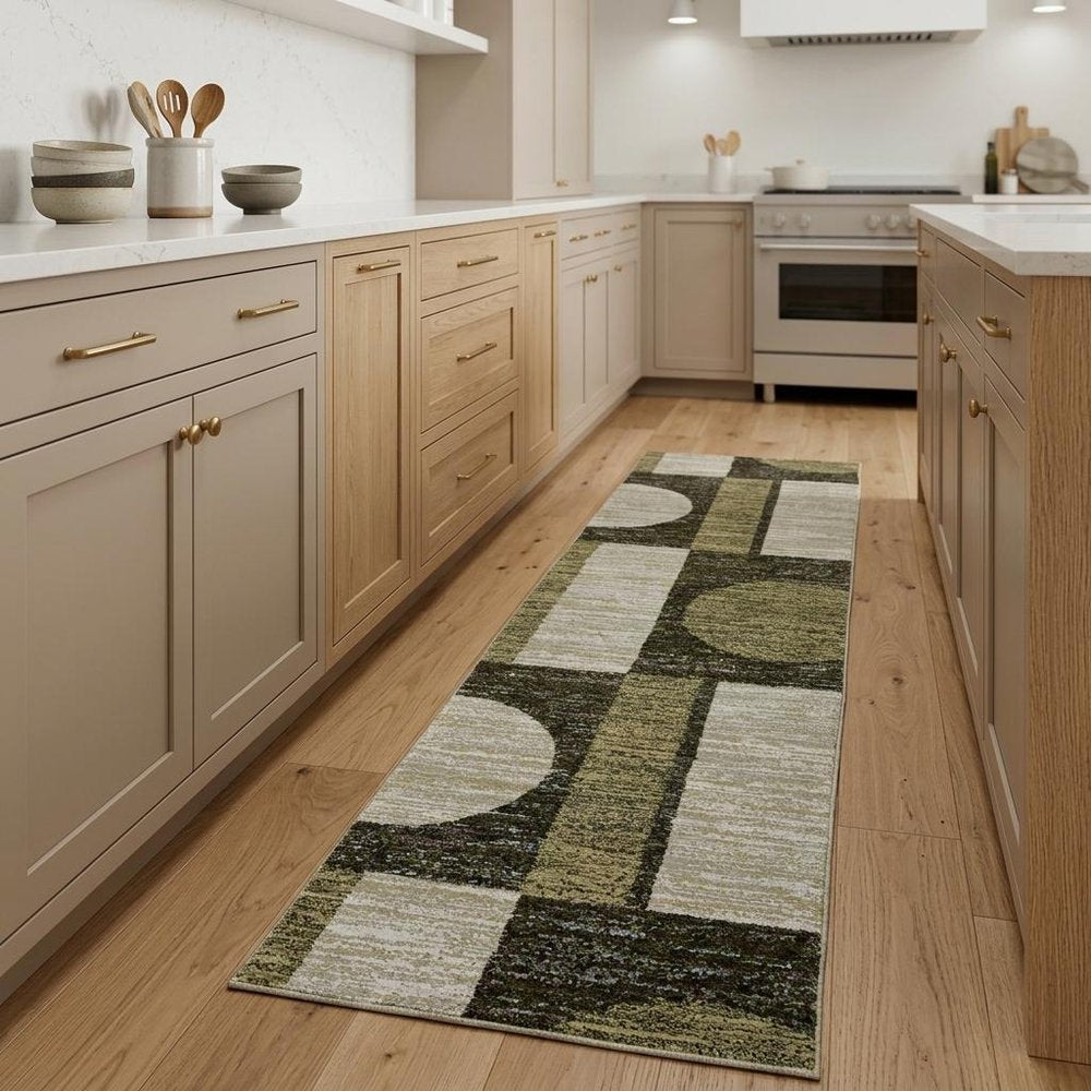 8' Blue And Beige Geometric Runner Rug
